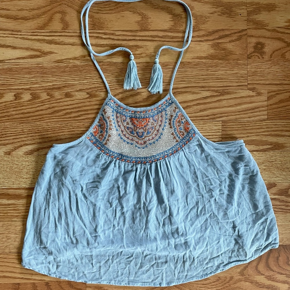 Powder Blue Bohemian Halter Tank Top with Tassles